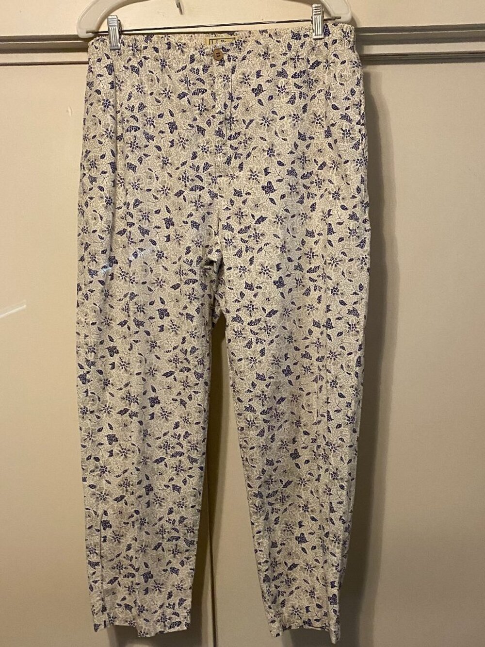 L.L. Bean, beige pants w/purple/navy, zip front w/wood button & POCKETS, size L